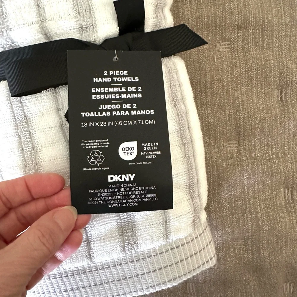 DKNY Hand Towels Set of 2 Cotton Gray & White Stripes NEW